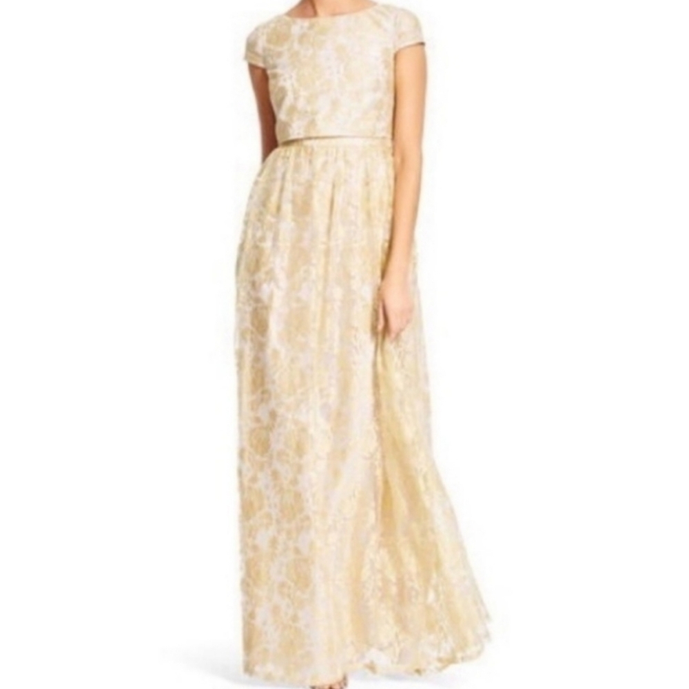 Adrianna Papell Floral Gold Lace Pop Over Maxi Dress Gown Size 4 NWT'S